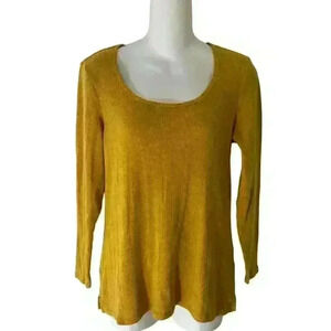 Old Navy Pointelle Top Size L Gold Scoop Neck Long Sleeves Cotton Blend